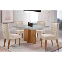 Sala Jantar Mesa Berlim Curvo 90cm + 4 Cadeiras Dafne Naturale/Off White - Suede Creme - Rufato
