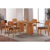 Sala Jantar Mesa Maldivas c/ Tampo Madeirado Canto Curvo 180x90cm e 6 Cadeiras Havana Naturale - Suede Marrom - Rufato