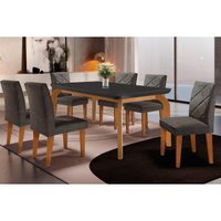 Sala Jantar Mesa Londrina Tampo Madeirado c/ Vidro Curvo 180x90cm e 6 Cadeiras Melissa Capuccino/Suede Grafite - Rufato