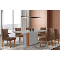 Sala Jantar Mesa PietÃ¡ Curvo 180cm + 6 Cadeiras Dafne Madeira Naturale/Off White - Capuccino/Suede Marrom - Rufato