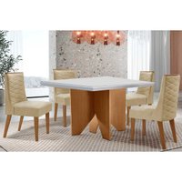 Sala Jantar Mesa Nevada Curvo 90cm + 4 Cadeiras Dafne Madeira Naturale/Off White - Capuccino/Linho Bege - Rufato