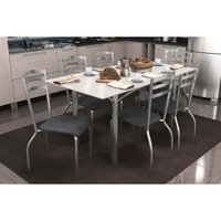 Sala Jantar Mesa Elba Tampo Madeirado c/ Vidro 160cm e 6 Cadeiras Portugal Cromada/Off White - Corano Preto - Kappesberg