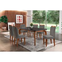 Sala Jantar Mesa Londrina Tampo Madeirado c/ Vidro Curvo 180x90 e 6 Cadeiras Amsterdã Capuccino/Suede Grafite - Rufato