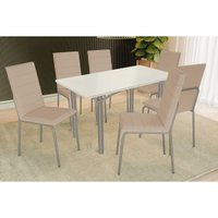 Sala Jantar Mesa Elba Tampo Madeirado c/ Vidro 160cm e 6 Cadeiras Amsterdã Niquel/Off White - Corano Bege - Kappesberg