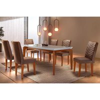 Sala Jantar Mesa Londrina Tampo Madeirado c/ Vidro Curvo 180x90 e 6 Cadeiras Londrina Imbuia/Suede Capuccino - Rufato