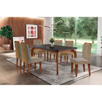 Sala Jantar Mesa Londrina Tampo Madeirado c/ Vidro Curvo 180x90 e 6 Cadeiras Amsterdã Imbuia/Suede Capuccino - Rufato
