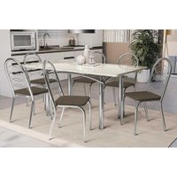 Sala Jantar Mesa Elba Tampo Madeirado c/ Vidro 160cm e 6 Cadeiras Holanda Cromada/Off White - Corano Marrom - Kappesberg