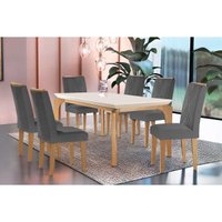 Sala Jantar Mesa Londrina c/ Tampo Madeirado Canto Reto 180x90cm e 6 cadeiras Amsterdã Capuccino/Suede Grafite - Rufato