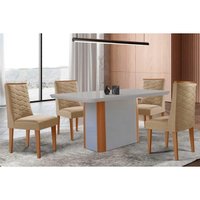 Sala Jantar Mesa PietÃ¡ Curvo 120cm + 4 Cadeiras Dafne Madeira Naturale/Off White - Capuccino/Linho Bege - Rufato