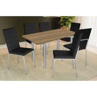 Sala Jantar Mesa Elba c/ Tampo de Madeira 160cm e 6 Cadeiras Amsterdã Cromada/Nogueira - Corano Preto - Kappesberg