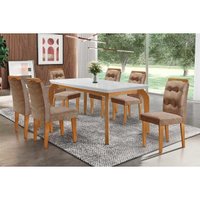 Sala Jantar Mesa Londrina c/ Tampo Madeirado Canto Reto 180x90cm e 6 cadeiras Imperatriz Imbuia/Suede Capuccino - Rufato