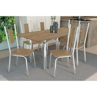 Sala Jantar Mesa Elba c/ Tampo de Madeira 160cm e 6 Cadeiras Florença Cromada/Nogueira - Corano Capuccino - Kappesberg