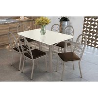Sala Jantar Mesa Elba Tampo Madeirado c/ Vidro 120cm e 6 Cadeiras Holanda Niquel/Off White - Corano Marrom - Kappesberg