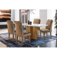 Sala Jantar Mesa Berlim Tampo MDF/Vidro Canto Curvo 120cm + 4Cadeiras Athenas Imbuia/Suede Capuccino - Rufato