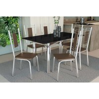 Sala Jantar Mesa Elba Tampo Madeirado c/ Vidro 160cm e 6 Cadeiras Florença Cromada/Preto - Corano Marrom - Kappesberg