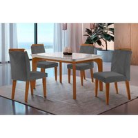 Sala Jantar Mesa Londrina Tampo Madeirado c/ Vidro Curvo 120x80 e 4 Cadeiras Amsterdã Capuccino/Suede Grafite - Rufato