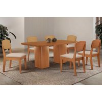 Sala Jantar Mesa Maldivas Curvo 180cm + 6 Cadeiras Havana Naturale - Suede Creme - Rufato