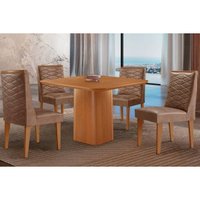 Sala Jantar Mesa Maldivas c/ Tampo Madeirado Canto Curvo 90x90cm e 4 Cadeiras Dafne Naturale - Corano Capuccino - Rufato