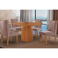 Sala Jantar Mesa Maldivas c/ Tampo Madeirado Canto Curvo 90x90cm e 4 Cadeiras Dafne Naturale - Linho Capuccino - Rufato