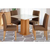 Sala Jantar Mesa Sophia c/ Tampo Madeirado c/ Vidro 95x95cm e 4 Cadeiras Maia Nature/Suede Mascavo Chocolate - Cimol
