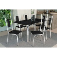 Sala Jantar Mesa Elba Tampo Madeirado c/ Vidro 160cm e 6 Cadeiras Florença Cromada/Preto - Corano Preto - Kappesberg