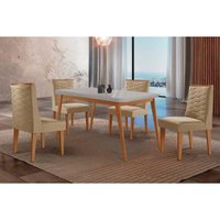 Sala Jantar Mesa Havana Curvo 120cm + 4 Cadeiras Dafne Naturale/Off White - Linho Bege - Rufato
