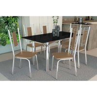 Sala Jantar Mesa Elba Tampo Madeirado c/ Vidro 160cm e 6 Cadeiras Florença Cromada/Preto - Corano Capuccino - Kappesberg