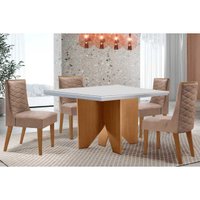 Sala Jantar Mesa Nevada Curvo 90cm + 4 Cadeiras Dafne Madeira Naturale/Off White - Capuccino/Linho Capuccino - Rufato