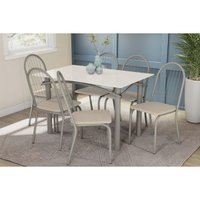 Sala Jantar Mesa Elba Tampo Madeirado c/ Vidro 120cm e 6 Cadeiras Noruega Niquel/Off White - Corano Bege - Kappesberg