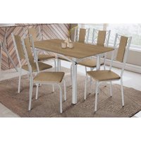 Sala Jantar Mesa Elba c/ Tampo de Madeira 160cm e 6 Cadeiras Lisboa Cromada/Nogueira - Corano Capuccino - Kappesberg