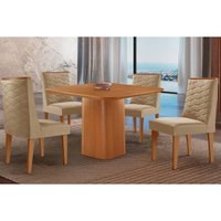 Sala Jantar Mesa Maldivas c/ Tampo Madeirado Canto Curvo 90x90cm e 4 Cadeiras Dafne Naturale - Linho Bege - Rufato