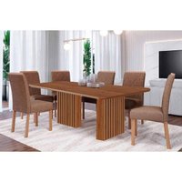 Sala Jantar Mesa Ester Tampo Madeirado 180x90cm e 6 Cadeiras Fernanda Cinamomo - Carvalho/Suede Joli Capuccino - Cimol