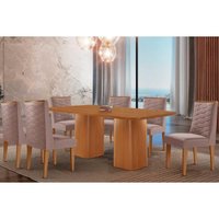 Sala Jantar Mesa Maldivas c/ Tampo Madeirado Canto Curvo 180x90cm e 6 Cadeiras Dafne Naturale - Linho Capuccino - Rufato