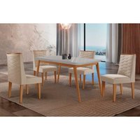 Sala Jantar Mesa Havana Curvo 120cm + 4 Cadeiras Dafne Naturale/Off White - Suede Creme - Rufato