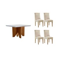 Sala Jantar Mesa Nevada Curvo 90cm + 4 Cadeiras Maldivas Madeira Naturale/Off White - Capuccino/Suede Creme - Rufato