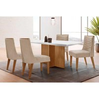 Sala Jantar Mesa Berlim Curvo 120cm + 4 Cadeiras Maldivas Naturale/Off White - Suede Creme - Rufato
