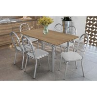Sala Jantar Mesa Elba c/ Tampo de Madeira 160cm e 6 Cadeiras Holanda Cromada/Nogueira - Corano Branco - Kappesberg