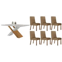 Sala Jantar Mesa Imperatriz Curvo 180cm + 6 Cadeiras Dakota Naturale/Off White - Linho Bege - Rufato
