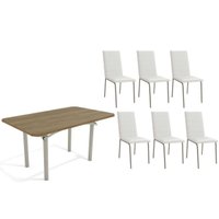 Sala Jantar Mesa Elba c/ Tampo de Madeira 160cm e 6 Cadeiras Amsterdã Niquel/Nogueira - Corano Branco - Kappesberg