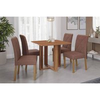 Sala Jantar Mesa Flora Tampo Madeirado 95x95cm e 4 Cadeiras Fernanda Cinamomo - Carvalho/Suede Joli Capuccino - Cimol