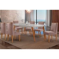 Sala Jantar Mesa Havana Curvo 180cm + 6 Cadeiras Dafne Naturale/Off White - Linho Capuccino - Rufato