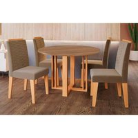 Sala Jantar Mesa Flora Tampo Madeirado 109cm e 4 Cadeiras Clarice Cinamomo - Carvalho/Suede Joli Capuccino - Cimol