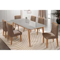 Sala Jantar Mesa Havana Curvo 180cm + 6 Cadeiras Maldivas Naturale/Off White - Suede Capuccino - Rufato