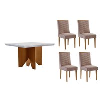 Sala Jantar Mesa Nevada Curvo 90cm + 4 Cadeiras Maldivas Madeira Naturale/Off White - Capuccino/Linho Capuccino - Rufato