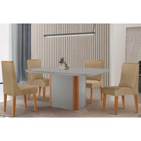 Sala Jantar Mesa PietÃ¡ Curvo 120cm + 4 Cadeiras Dakota Madeira Naturale/Off White - Capuccino/Linho Bege - Rufato