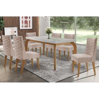 Sala Jantar Mesa Londrina Tampo Madeirado c/ Vidro 180x90cm e 6 Cadeiras Dafne Capuccino/Linho Bege Turim - Rufato