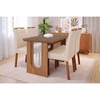 Sala Jantar Mesa Valentina c/ Tampo Madeirado 130x80cm e 4 Cadeiras Paola Cinamomo - Carvalho/Suede Nude Bege - Cimol