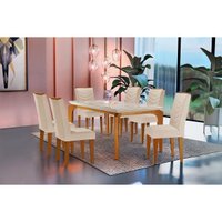 Sala Jantar Mesa Londrina Tampo Madeirado c/ Vidro Curvo 180x90cm e 6 Cadeiras Londrina Capuccino/Suede Creme - Rufato