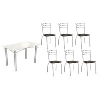 Sala Jantar Mesa Elba Tampo Madeirado c/ Vidro 120cm e 6 Cadeiras Portugal Cromada/Off White - Corano Preto - Kappesberg