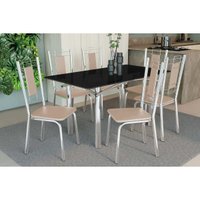 Sala Jantar Mesa Elba Tampo Madeirado c/ Vidro 160cm e 6 Cadeiras Florença Cromada/Preto - Corano Bege - Kappesberg